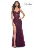Picture of: Long Tulle Gown with Stunning Beaded Lace Applique Details in Dark Berry, Style: 32307, Detail Picture 1