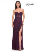 Picture of: Jewel Tone Embroidered Lace Fitted Prom Dress with Lace Edge Slit in Dark Berry, Style: 32437, Detail Picture 1