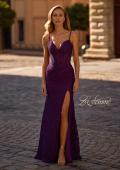 Picture of: Stretch Lace Dress with Illusion Corset Waist and Ruching in Dark Berry, Style 32947, Detail Picture 1