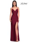 Picture of: Ruched Jersey Prom Dress with Slit in Jewel Tones in Dark Berry, Style 31130, Detail Picture 2