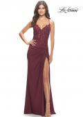 Picture of: Lace Asymmetrical Gown with Jersey Skirt and Twist Knot Detail in Dark Berry, Style: 31520, Detail Picture 2