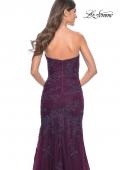 Picture of: Strapless Mermaid Ruched Gown with Rhinestone Lace Applique in Dark Berry, Style: 32121, Detail Picture 2