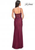 Picture of: Sheer Lace Top with Ruched Jersey Skirt Prom Dress in Dark Berry, Style: 32132, Detail Picture 2