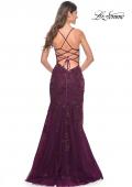 Picture of: Long Tulle Gown with Stunning Beaded Lace Applique Details in Dark Berry, Style: 32307, Detail Picture 2