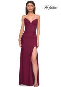 Picture of: Unique Jersey Prom Dress with Lace Panels and Scallop Neckline in Dark Berry, Style 32983, Detail Picture 2