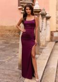 Picture of: Satin Fitted Gown with High Slit and Adjustable Spaghetti Straps in Dark Berry, Style: 33413, Detail Picture 2