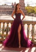 Picture of: Illusion Embroidered Lace Tulle Gown with Slit in Dark Berry, Style: 33551, Detail Picture 2