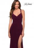 Picture of: V Neck Long Jersey Prom Dress with Open Strappy Back in Dark Berry, Style 29503, Detail Picture 3