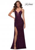 Picture of: Chic Long Stretch Lace Gown with Sheer Rhinestone Back in Dark Berry, Style 29679, Detail Picture 3