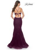 Picture of: Lace and Tulle Mermaid Gown with Side Cut Outs in Jewel Tones in Dark Berry, Style 31132, Detail Picture 3