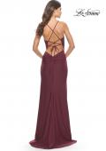 Picture of: Lace Asymmetrical Gown with Jersey Skirt and Twist Knot Detail in Dark Berry, Style: 31520, Detail Picture 3