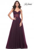 Picture of: A-Line Rhinestone Tulle Embellished Gown with Illusion Top in Dark Berry, Style: 31970, Detail Picture 3