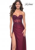 Picture of: Ruched Jersey Skirt with Lace Illusion Top and Rhinestone Prom Dress in Dark Berry, Style: 32011, Detail Picture 3
