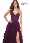 Picture of: Ruffle Tulle Prom Gown with Illusion Lace Bodice and High Slit in Dark Berry, Style: 32128, Detail Picture 3