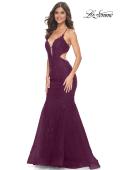 Picture of: Lace and Tulle Mermaid Gown with Side Cut Outs in Jewel Tones in Dark Berry, Style 31132, Detail Picture 4