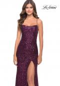 Picture of: Lace Up Back Sequin Gown with Flare Skirt in Dark Berry, Style: 31508, Detail Picture 4