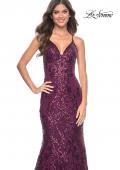 Picture of: Mermaid Print Sequin Dress with Lace Up Open Back in Dark Berry, Style: 31943, Detail Picture 4