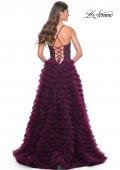 Picture of: Ruffle Tulle Prom Gown with Illusion Lace Bodice and High Slit in Dark Berry, Style: 32128, Detail Picture 4