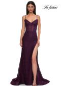 Picture of: Stretch Satin Prom Dress with Eyelet Detail Neckline in Dark Berry, Style 32671, Detail Picture 4