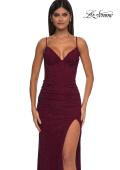 Picture of: Rhinestone Net Jersey Ruched Dress with Corset Top in Dark Berry, Style: 32753, Detail Picture 4