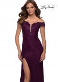 Picture of: Lace Off the Shoulder Gown with Deep V Neckline in Dark Berry, Style 29693, Detail Picture 5