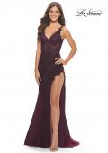 Picture of: Lace Dress with High Side Slit and V Neckline in Dark Berry, Style: 30767, Detail Picture 5