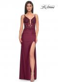 Picture of: Sheer Lace Top with Ruched Jersey Skirt Prom Dress in Dark Berry, Style: 32132, Detail Picture 5