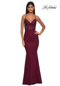 Picture of: Lace and Jersey Dress with Ruched Skirt and V Neckline in Dark Berry, Style: 32217, Detail Picture 5