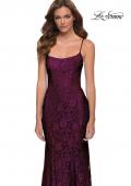 Picture of: Stretch Lace Gown with Lace Up Strappy Back in Dark Berry, Style 29611, Detail Picture 6