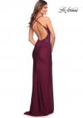 Picture of: Jeweled Lace and Jersey Long Prom Dress with Low Back in Dark Berry, Style: 30196, Detail Picture 6