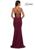 Picture of: Lace and Jersey Dress with Ruched Skirt and V Neckline in Dark Berry, Style: 32217, Detail Picture 6