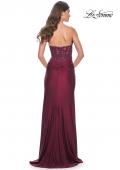 Picture of: Sheer Lace Applique Bodice Dress with Jersey Skirt in Dark Berry, Style: 32301, Detail Picture 6