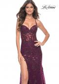 Picture of: Long Tulle Gown with Stunning Beaded Lace Applique Details in Dark Berry, Style: 32307, Detail Picture 6
