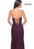 Picture of: Jewel Tone Embroidered Lace Fitted Prom Dress with Lace Edge Slit in Dark Berry, Style: 32437, Detail Picture 6