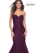 Picture of: Mermaid Stretch Lace Dress with Bustier Top and Sheer Back in Dark Berry, Style: 32249, Detail Picture 7