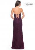 Picture of: Jewel Tone Embroidered Lace Fitted Prom Dress with Lace Edge Slit in Dark Berry, Style: 32437, Detail Picture 7