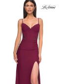 Picture of: Unique Jersey Prom Dress with Lace Panels and Scallop Neckline in Dark Berry, Style 32983, Detail Picture 7