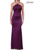 Picture of: Halter Satin Gown with Beaded Lace Trim and Open Back in Dark Berry, Style: 33735, Detail Picture 7