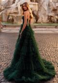 Picture of: Ruffle Tulle A-Line Dress with Satin Bustier Top in Dark Emerald, Style: 32071, Back Picture