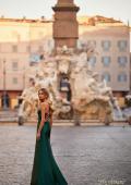 Picture of: Stretch Satin Gown with Bustier Top and Lace Up Back in Dark Emerald, Style: 32264, Detail Picture 3