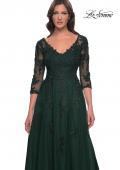 Picture of: Tulle and Lace A-Line Dress with V Neckline in Dark Emerald, Style: 30398, Detail Picture 5
