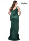 Picture of: Stretch Satin Plus Size Dress with Unique Neckline and Slit in Dark Emerald, Style: 31266, Detail Picture 8