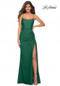 Picture of: Jersey Luxe Gown with Draped Slit and Strappy Back in Dark Emerald, Main Picture