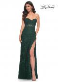 Picture of: Jewel Tone Embroidered Lace Fitted Prom Dress with Lace Edge Slit in Green, Style: 32437, Main Picture