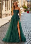 Picture of: Strapless A-Line Gown with Embroidered Corset and Slit in Dark Emerald, Style: 33528, Main Picture