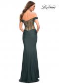 Picture of: Luxe Off the Shoulder Gown with Mesh Side and Back Panels in Dark Emerald, Detail Picture 8