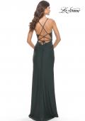 Picture of: Soft Jersey Dress with Knot Waist and Lace Up Back in Dark Emerald, Style: 31169, Detail Picture 8