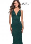 Picture of: Fitted Stretch Lace Prom Dress with Banded Waist in Dark Emerald, Style: 31234, Detail Picture 8