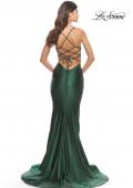 Picture of: Liquid Jersey Mermaid Gown with Lace Up Back in Dark Emerald, Style: 31295, Detail Picture 8