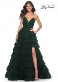 Picture of: A-Line Ruffle Tulle Gown with High Slit and Lace Up Back in Dark Emerald, Style: 32086, Detail Picture 8